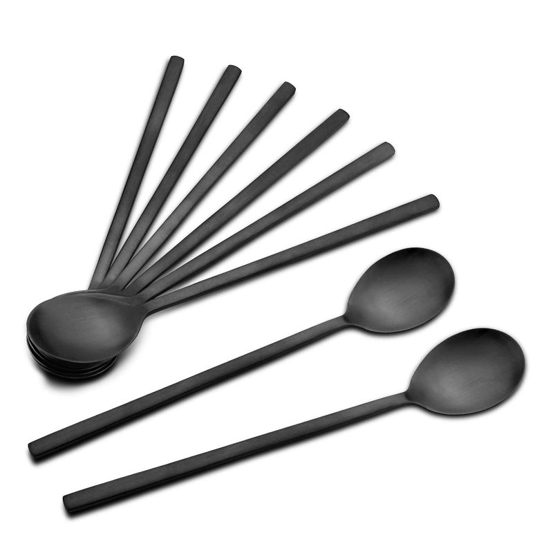 IQCWOOD Soup Spoon, Korean Spoons, 8 Pieces Stainless Steel Asian Soup Spoon,8.5 Inch Long Handle Korean Dinner Ramen Spoons for Home Kitchen or Restaurant (Black) - Image 1